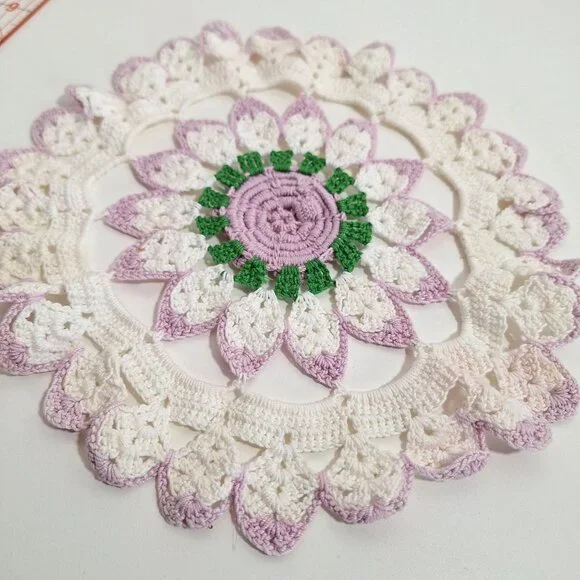Hand Crocheted Lace Doily Flower Lavender White Green Purple Cotton 10 Inch - Picture 7 of 14